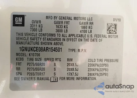 2010 Chevrolet Tahoe Ltz from USA, damaged, VIN 1GNUKCE08AR154501